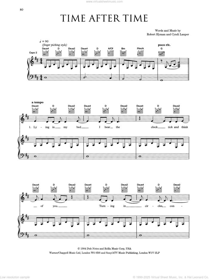 Time After Time sheet music for voice, piano or guitar by Eva Cassidy, Cyndi Lauper and Rob Hyman, intermediate skill level