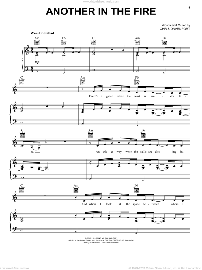 Another In The Fire sheet music for voice, piano or guitar by Hillsong United and Chris Davenport, intermediate skill level