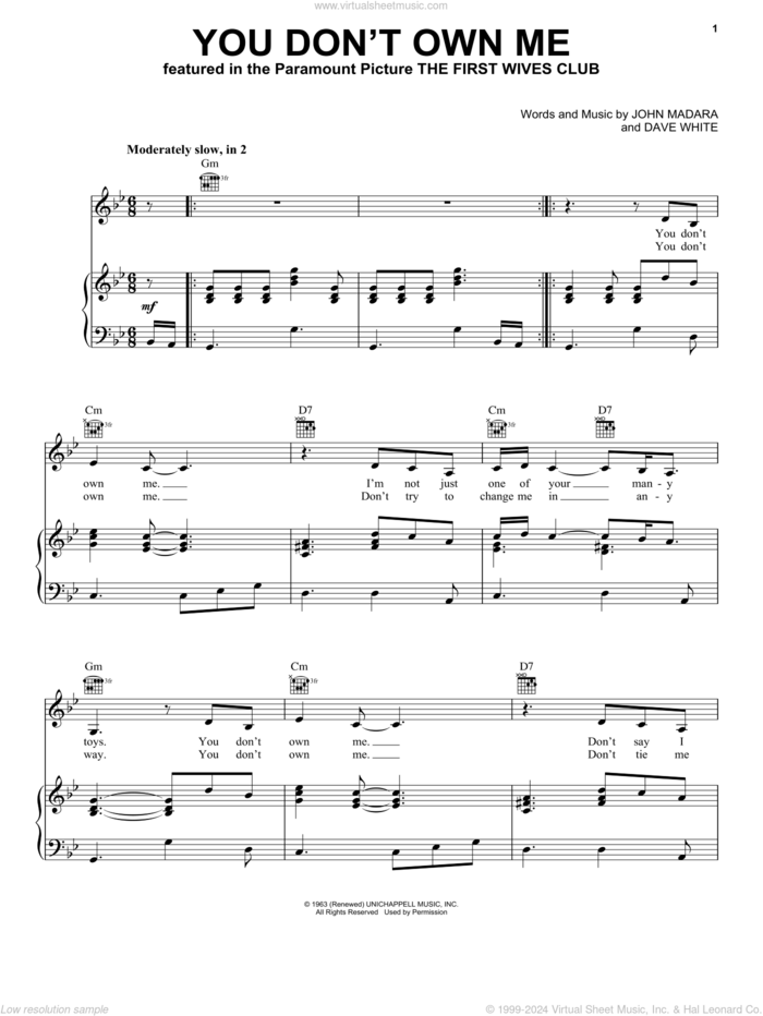 You Don't Own Me sheet music for voice, piano or guitar by Lesley Gore, Dave White and John Madara, intermediate skill level
