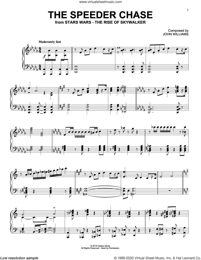 The Speeder Chase (from The Rise Of Skywalker) sheet music for piano solo by John Williams, intermediate skill level
