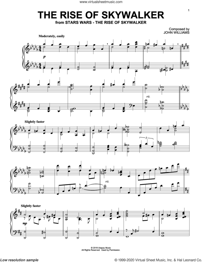 The Rise Of Skywalker (from The Rise Of Skywalker), (intermediate) sheet music for piano solo by John Williams, intermediate skill level