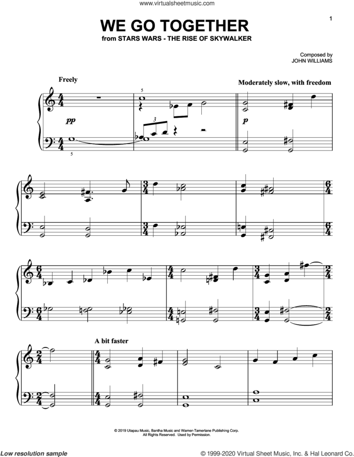 We Go Together (from The Rise Of Skywalker) sheet music for piano solo by John Williams, easy skill level