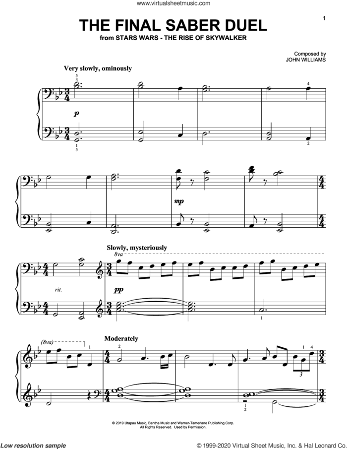 The Final Saber Duel (from The Rise Of Skywalker) sheet music for piano solo by John Williams, easy skill level