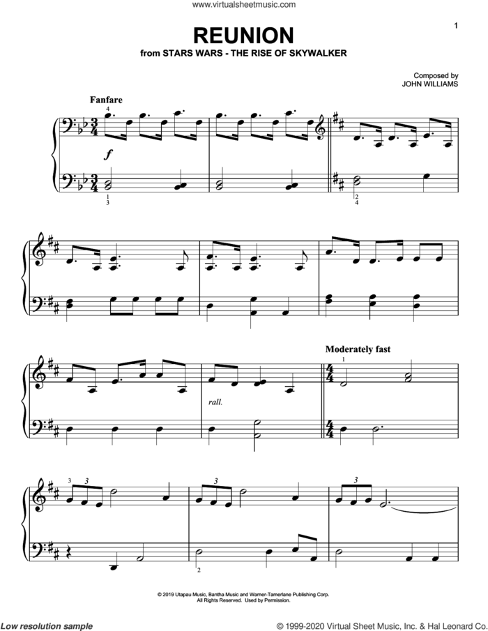 Reunion (from The Rise Of Skywalker) sheet music for piano solo by John Williams, easy skill level