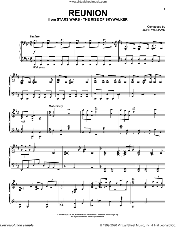 Reunion (from The Rise Of Skywalker) sheet music for piano solo by John Williams, intermediate skill level
