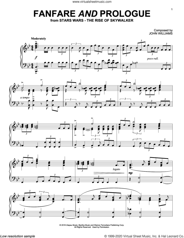 Fanfare And Prologue (from The Rise Of Skywalker) sheet music for piano solo by John Williams, intermediate skill level