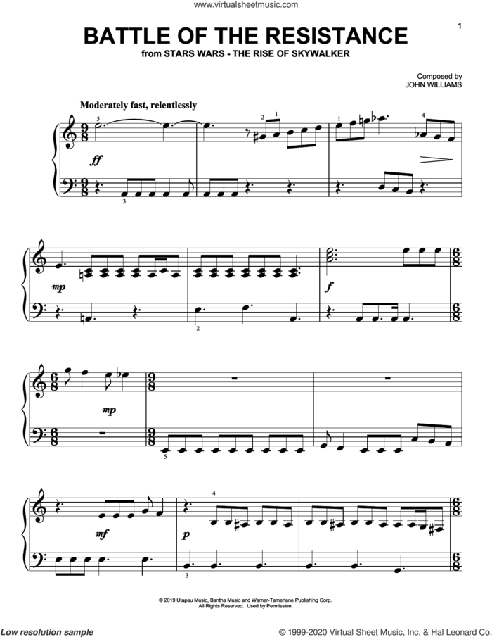 Battle Of The Resistance (from The Rise Of Skywalker) sheet music for piano solo by John Williams, easy skill level