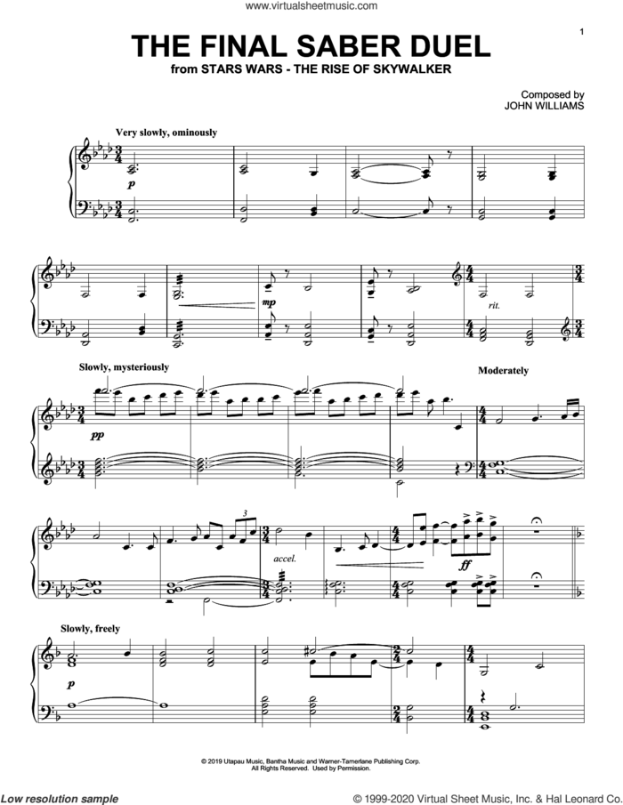 The Final Saber Duel (from The Rise Of Skywalker) sheet music for piano solo by John Williams, intermediate skill level