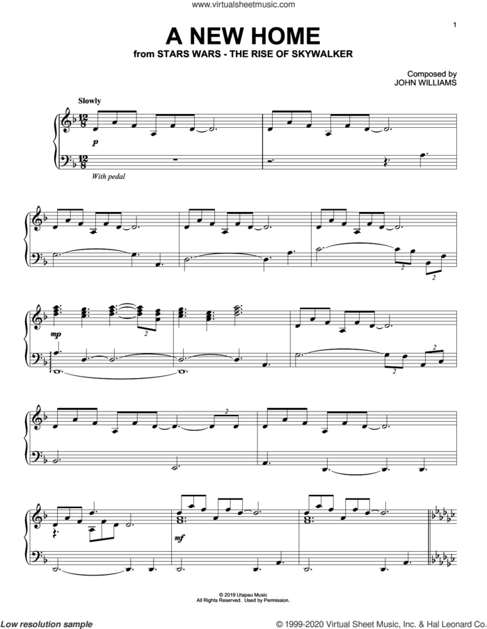 A New Home (from The Rise Of Skywalker) sheet music for piano solo by John Williams, intermediate skill level