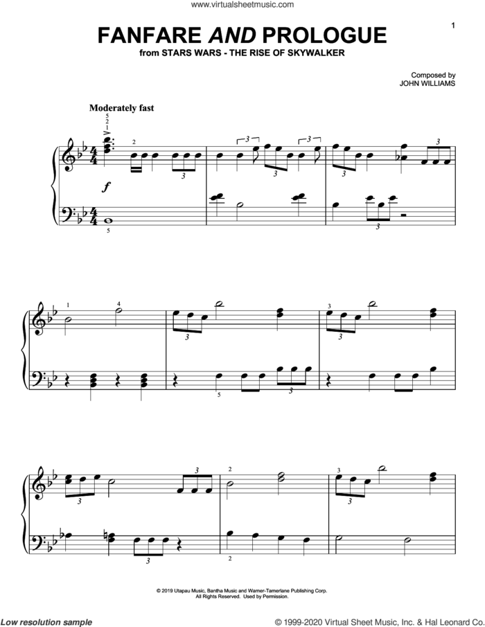 Fanfare And Prologue (from The Rise Of Skywalker), (easy) sheet music for piano solo by John Williams, easy skill level