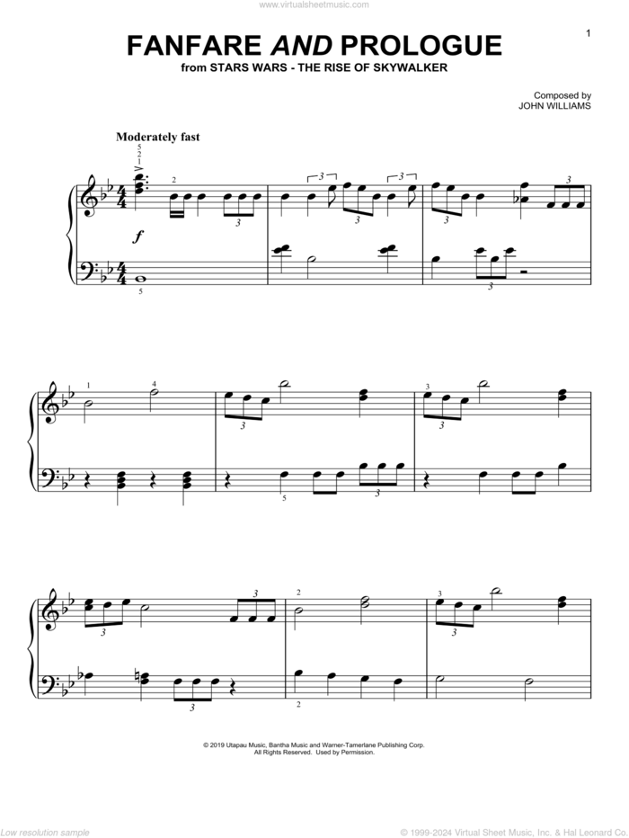 Fanfare And Prologue (from The Rise Of Skywalker), (easy) sheet music for piano solo by John Williams, easy skill level