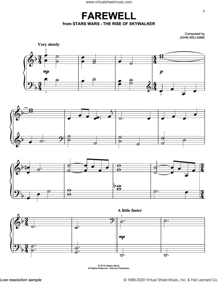 Farewell (from The Rise Of Skywalker) sheet music for piano solo by John Williams, easy skill level