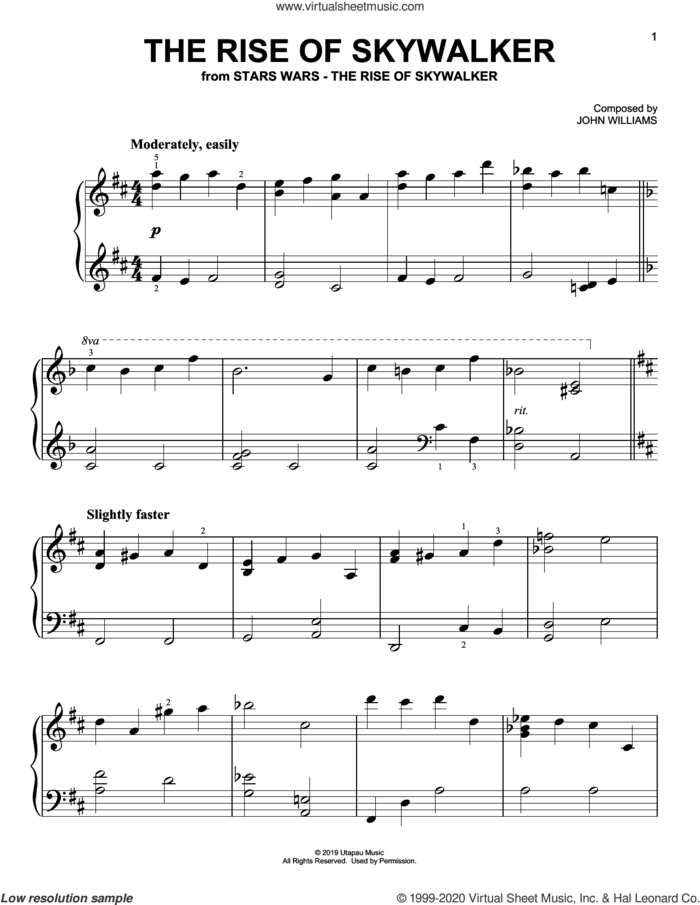 The Rise Of Skywalker (from The Rise Of Skywalker), (easy) sheet music for piano solo by John Williams, easy skill level