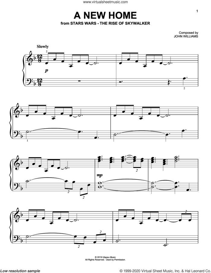 A New Home (from The Rise Of Skywalker) sheet music for piano solo by John Williams, easy skill level