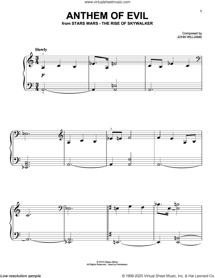 Anthem Of Evil (from The Rise Of Skywalker), (easy) sheet music for piano solo by John Williams, easy skill level