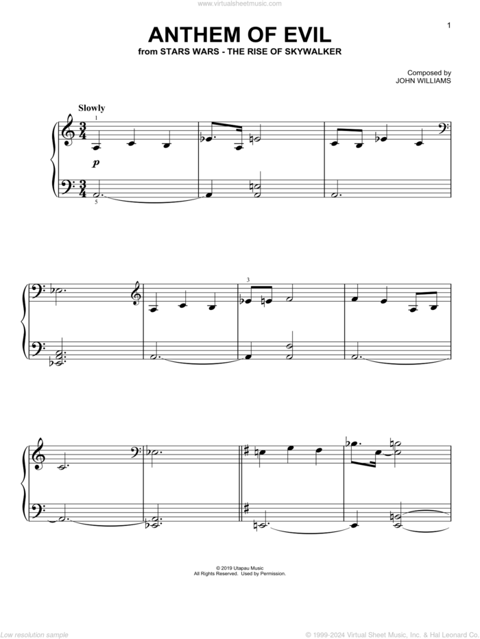 Anthem Of Evil (from The Rise Of Skywalker), (easy) sheet music for piano solo by John Williams, easy skill level