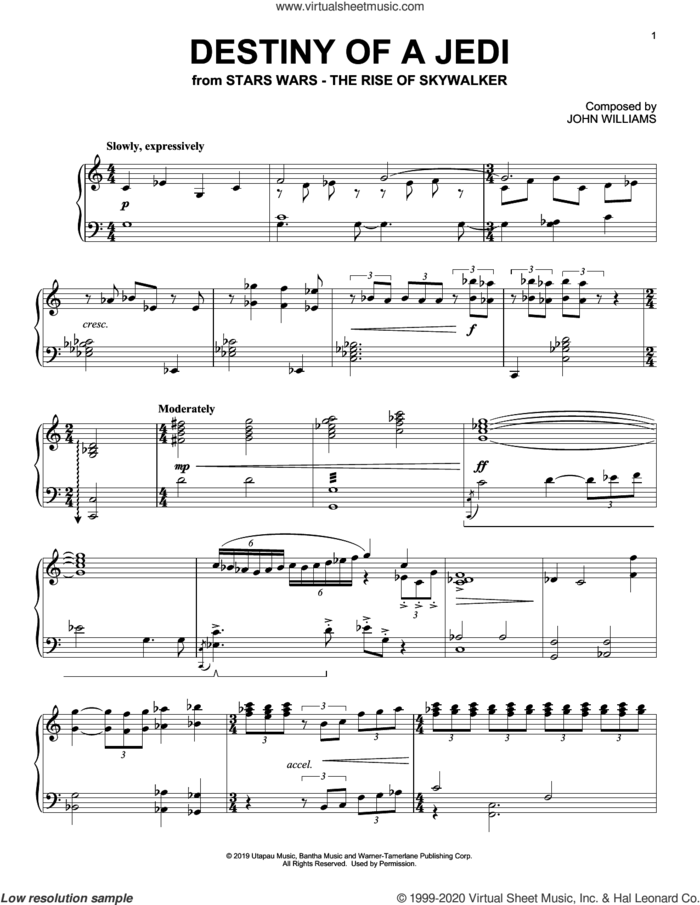 Destiny Of A Jedi (from The Rise Of Skywalker) sheet music for piano solo by John Williams, intermediate skill level