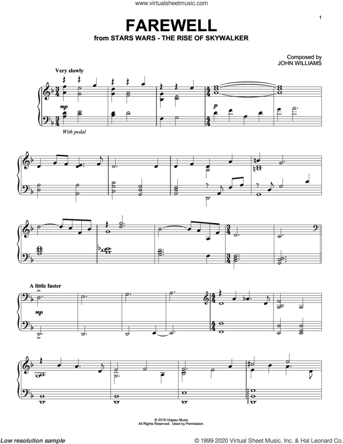 Farewell (from The Rise Of Skywalker) sheet music for piano solo by John Williams, intermediate skill level