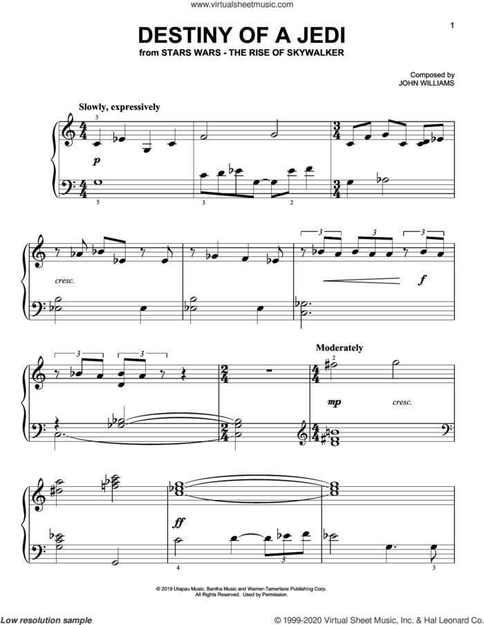 Destiny Of A Jedi (from The Rise Of Skywalker) sheet music for piano solo by John Williams, easy skill level