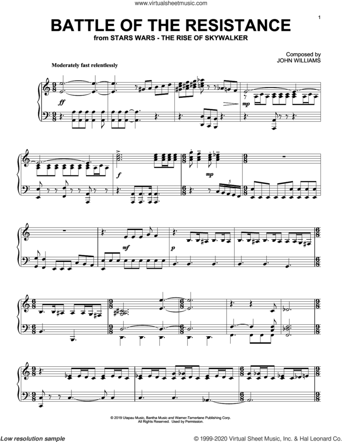 Battle Of The Resistance (from The Rise Of Skywalker) sheet music for piano solo by John Williams, intermediate skill level