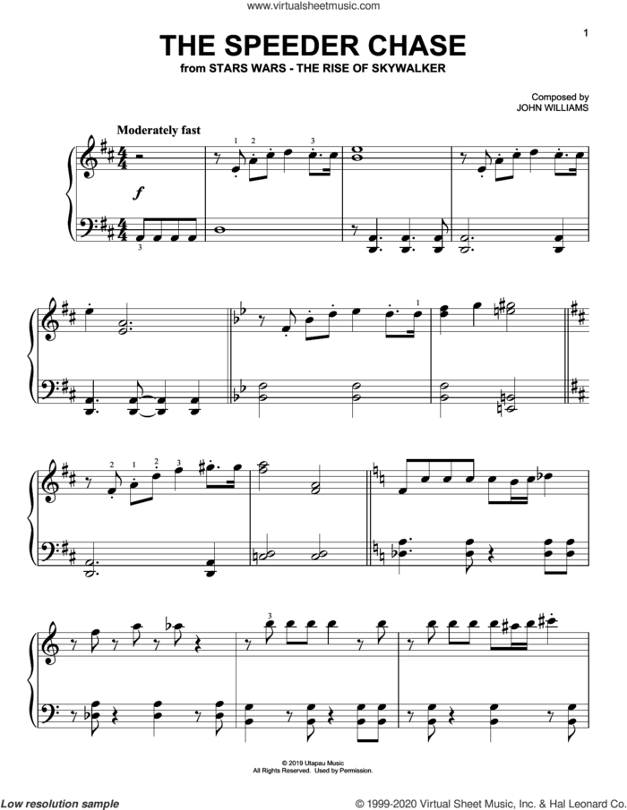 The Speeder Chase (from The Rise Of Skywalker) sheet music for piano solo by John Williams, easy skill level