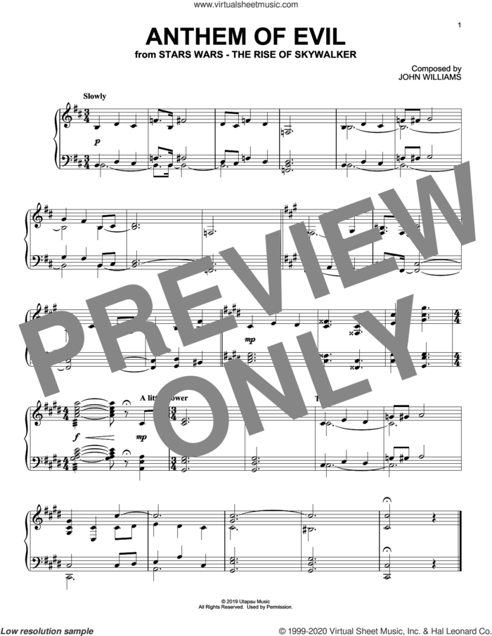 Anthem Of Evil (from The Rise Of Skywalker), (intermediate) sheet music for piano solo by John Williams, intermediate skill level