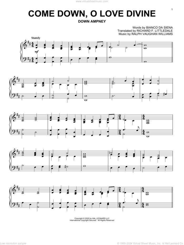 Come Down, O Love Divine sheet music for piano solo by Ralph Vaughan Williams, Bianco Da Siena and Bianco da Siena and Ralph Vaughan Williams, intermediate skill level