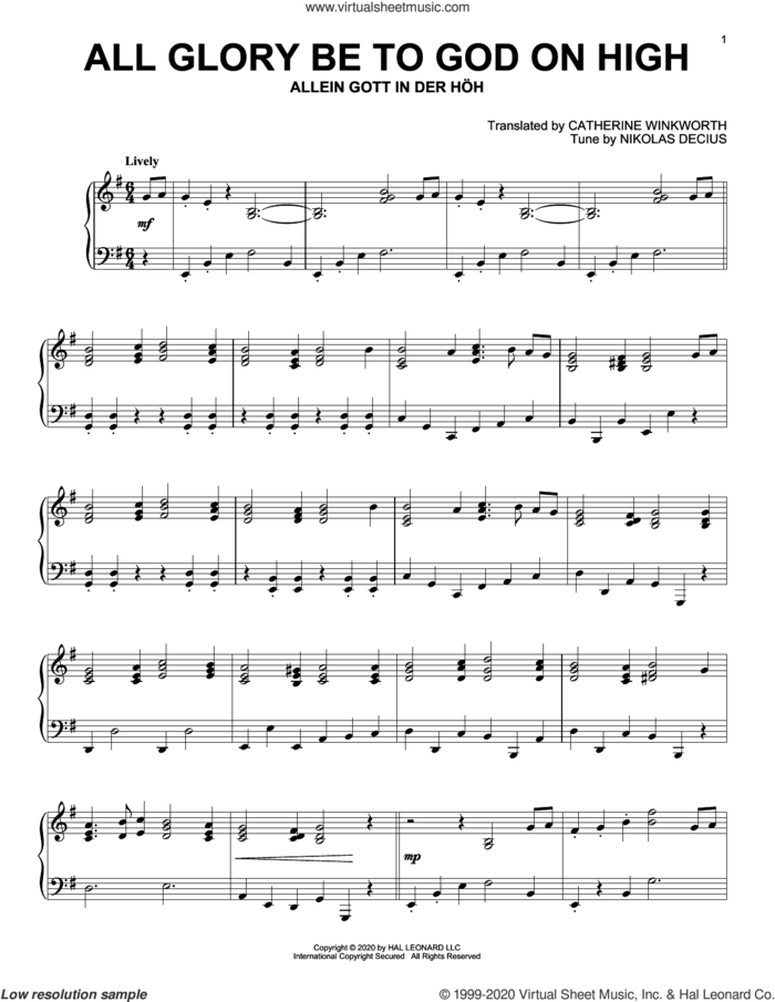 All Glory Be To God On High sheet music for piano solo by Catherine Winkworth and Nikolas Decius, intermediate skill level