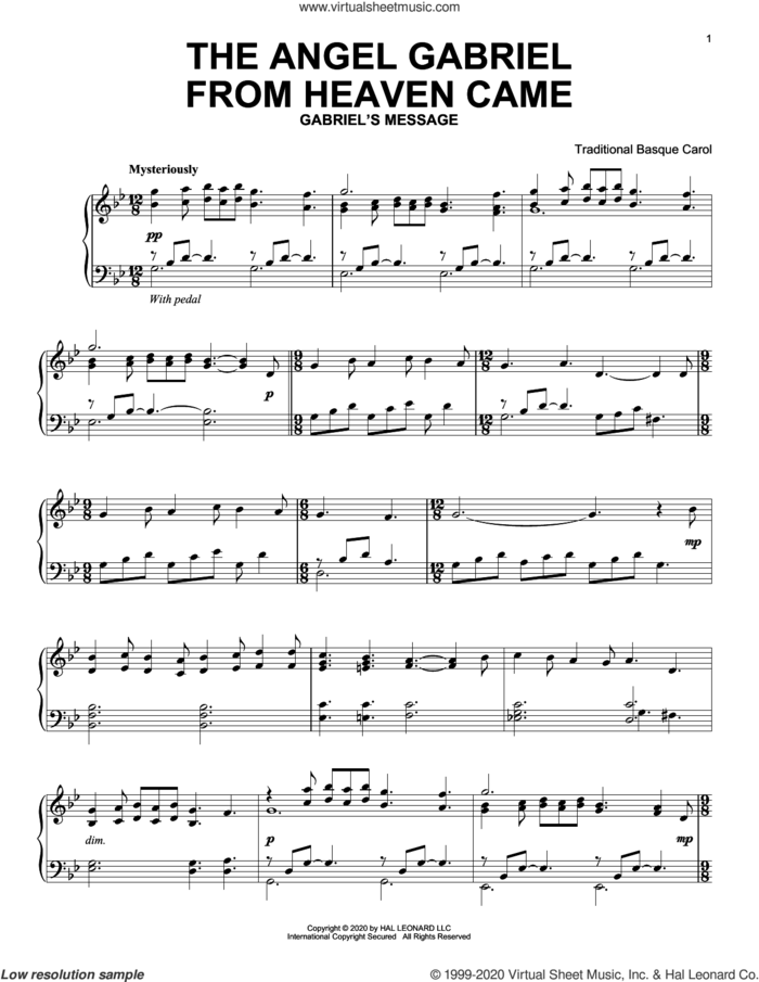 The Angel Gabriel From Heaven Came sheet music for piano solo, intermediate skill level