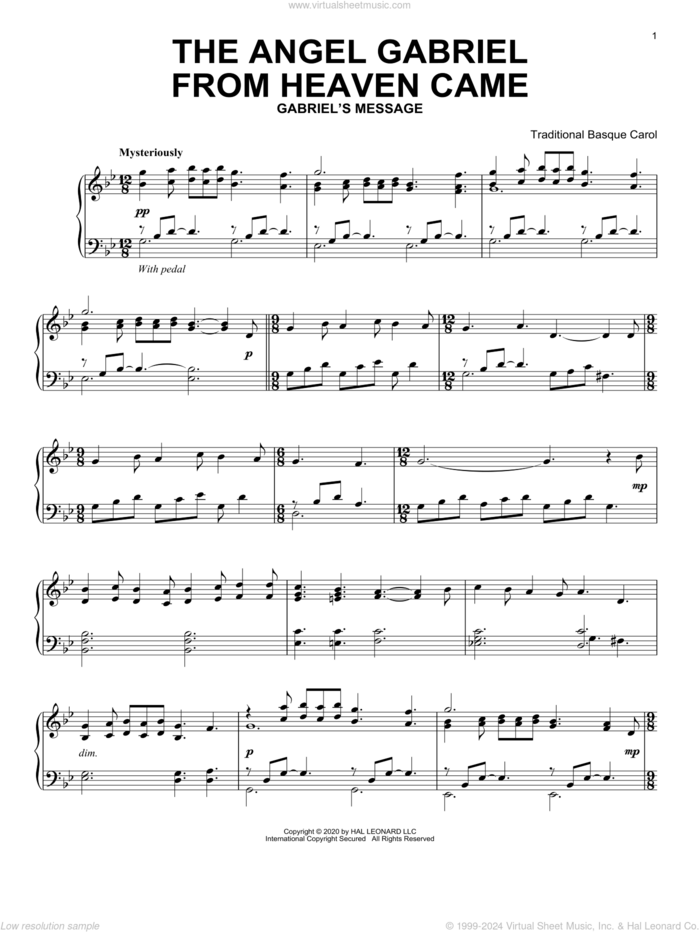 The Angel Gabriel From Heaven Came sheet music for piano solo, intermediate skill level