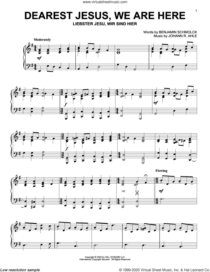Dearest Jesus, We Are Here sheet music for piano solo by Benjamin Schmolck and Johann R. Ahle, Benjamin Schmolck and Johann R. Ahle, intermediate skill level