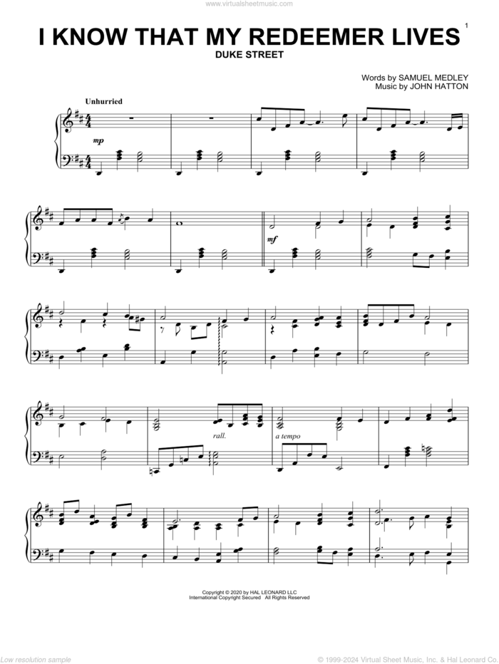 I Know That My Redeemer Lives sheet music for piano solo by Samuel Medley, John Hatton and Samuel Medley and John Hatton, intermediate skill level