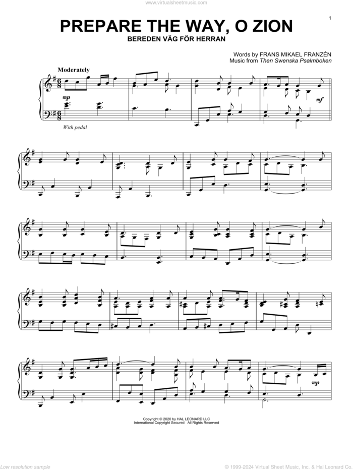 Prepare The Way, O Zion sheet music for piano solo by Frans Mikael Frazen and Then Swenska Psalmboken, intermediate skill level