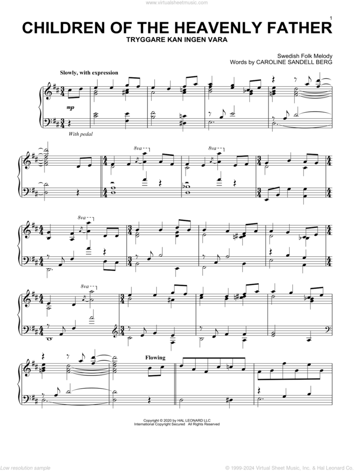 Children Of The Heavenly Father sheet music for piano solo by Swedish Folk Melody and Caroline Sandell Berg, intermediate skill level