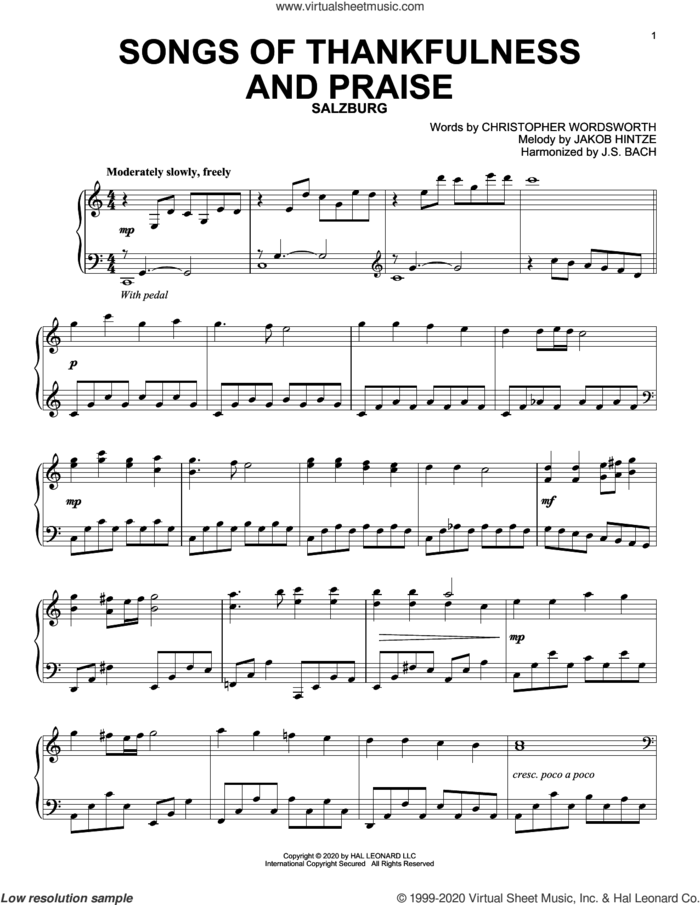 Songs Of Thankfulness And Praise sheet music for piano solo by Christopher Wordsworth, Christopher Wordsworth and Jakob Hintze, J.S. Bach (harm.) and Jakob Hintze, intermediate skill level