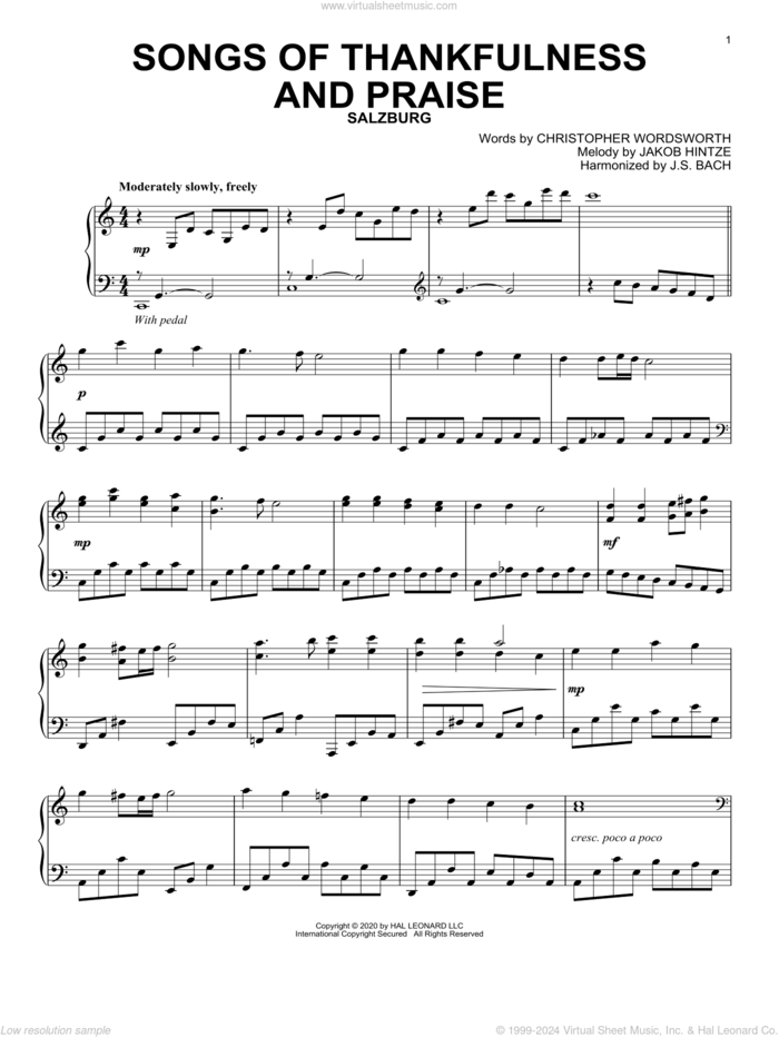 Songs Of Thankfulness And Praise sheet music for piano solo by Christopher Wordsworth, Christopher Wordsworth and Jakob Hintze, J.S. Bach (harm.) and Jakob Hintze, intermediate skill level