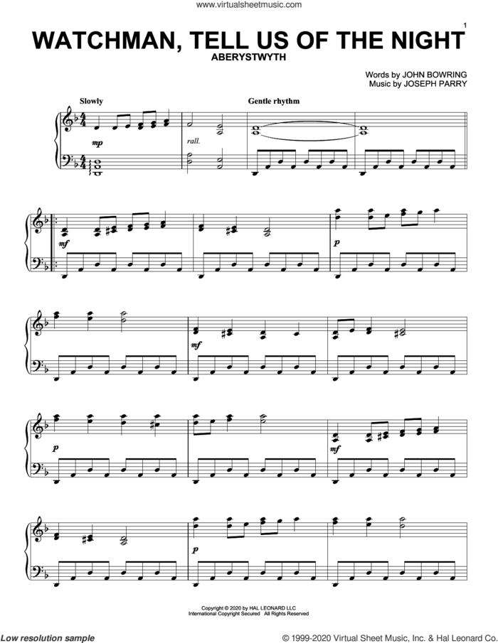 Watchman, Tell Us Of The Night sheet music for piano solo by John Bowring, John Bowring and Joseph Parry and Joseph Parry, intermediate skill level