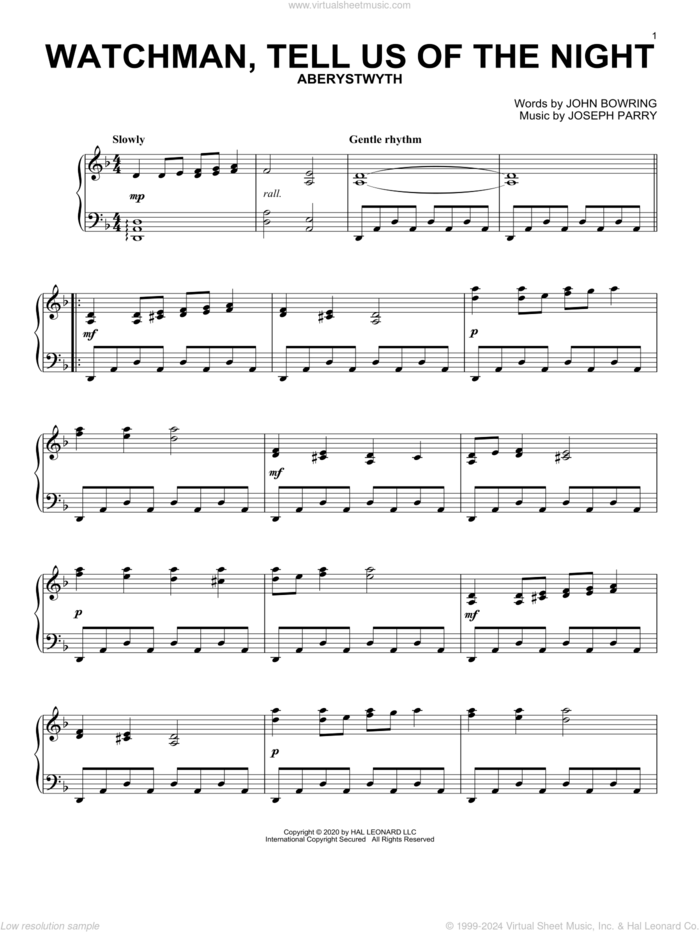 Watchman, Tell Us Of The Night sheet music for piano solo by John Bowring, John Bowring and Joseph Parry and Joseph Parry, intermediate skill level