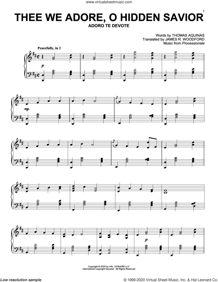 Thee We Adore, O Hidden Savior sheet music for piano solo by Thomas Aquinas, James R. Woodford and Processionale, intermediate skill level