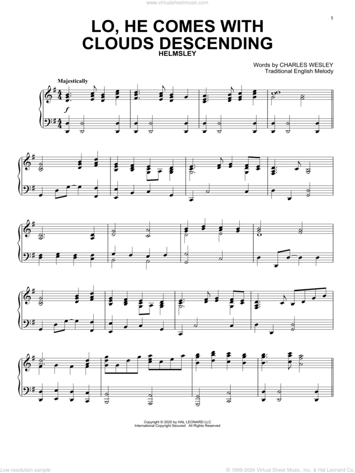 Lo, He Comes With Clouds Descending sheet music for piano solo by Charles Wesley and Miscellaneous, intermediate skill level