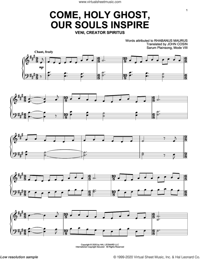 Come, Holy Ghost, Our Souls Inspire sheet music for piano solo by Sarum Plainsong, John Cosin and Rhabanus Maurus, intermediate skill level