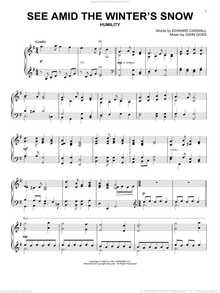 See Amid The Winter's Snow sheet music for piano solo by Edward Caswall, Edward Caswall and John Goss and John Goss, intermediate skill level