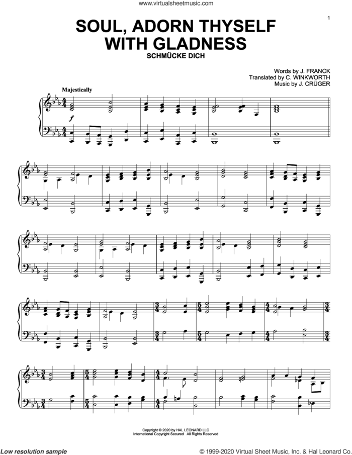 Soul, Adorn Thyself With Gladness sheet music for piano solo by J. Cruger, C. Winkworth and J. Franck, intermediate skill level