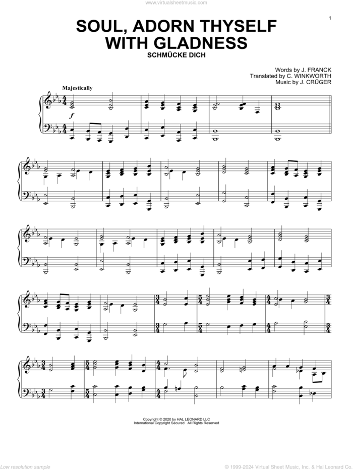 Soul, Adorn Thyself With Gladness sheet music for piano solo by J. Cruger, C. Winkworth and J. Franck, intermediate skill level