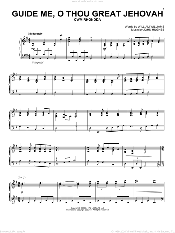 Guide Me, O Thou Great Jehovah (with 'The Rejoicing') sheet music for piano solo by John Hughes, William Williams and William Williams and John Hughes, intermediate skill level