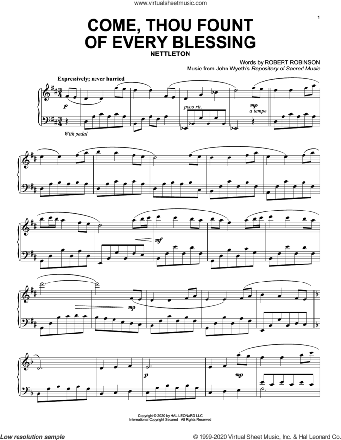 Come, Thou Fount Of Every Blessing, (intermediate) sheet music for piano solo by Robert Robinson and John Wyeth, intermediate skill level
