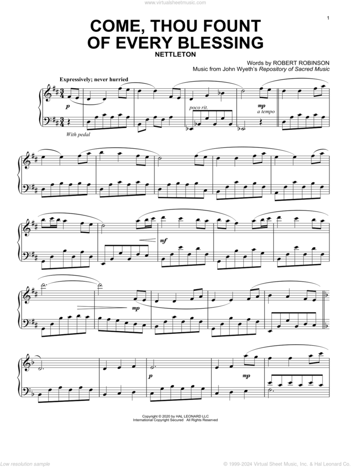 Come, Thou Fount Of Every Blessing, (intermediate) sheet music for piano solo by Robert Robinson and John Wyeth, intermediate skill level