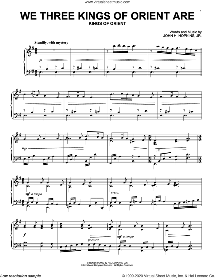 We Three Kings Of Orient Are sheet music for piano solo by John H. Hopkins, Jr., intermediate skill level