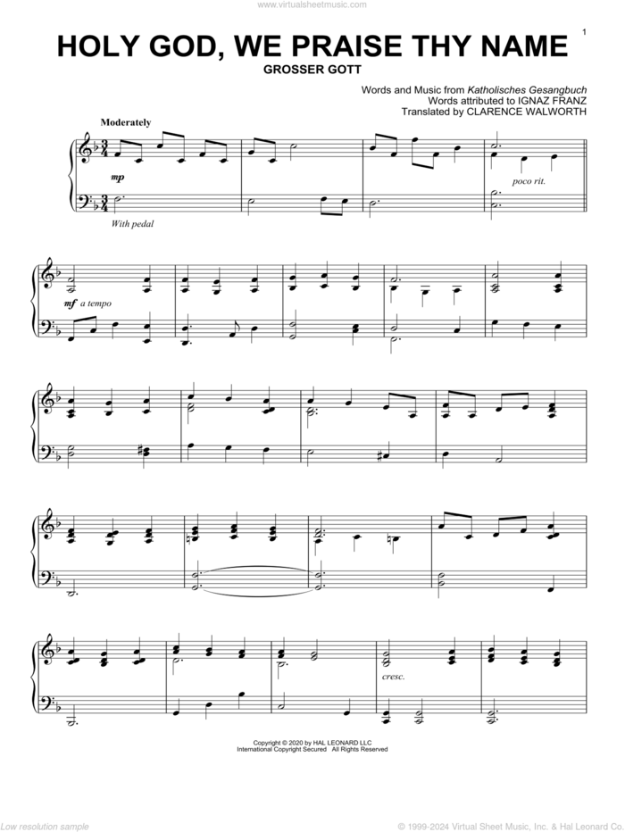 Holy God, We Praise Thy Name sheet music for piano solo by Katholisches Gesangbuch, Clarence Walworth and Ignaz Franz, intermediate skill level