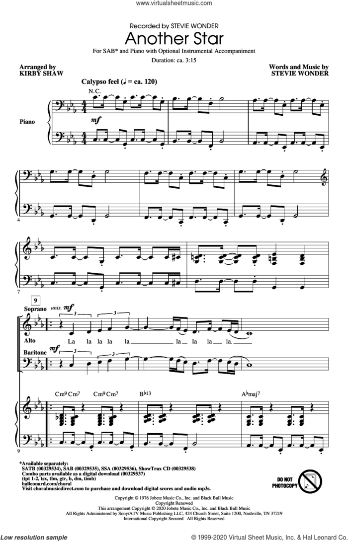 Another Star (arr. Kirby Shaw) sheet music for choir (SAB: soprano, alto, bass) by Stevie Wonder and Kirby Shaw, intermediate skill level